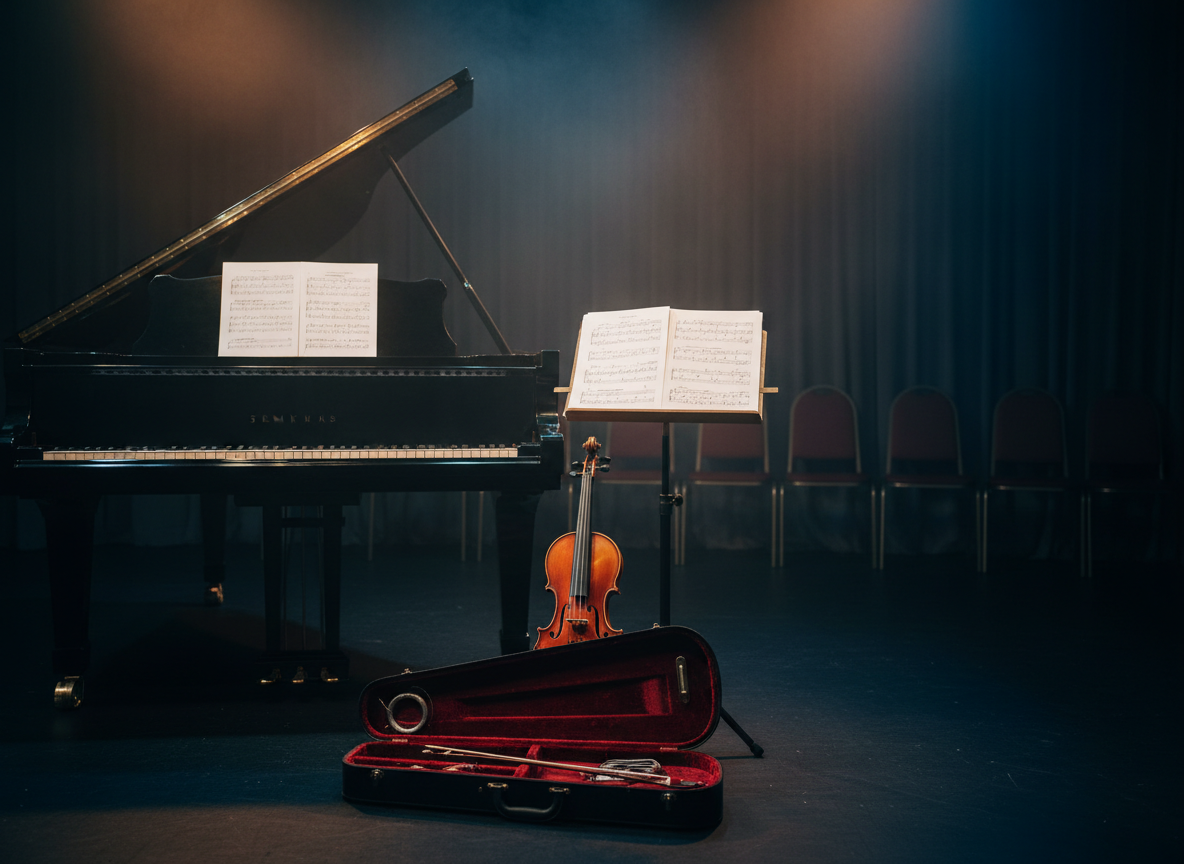 A meticulously arranged trio of instruments—shining black grand piano, honey-colored violin with a glossy finish, and a narrow, polished wooden music stand holding jazz lead sheets—forms a small ensemble corner on a dark stage. At the base of the stand, an open, deep-red velvet-lined violin case reveals spare strings and a silver mute. The stage floor is matte black, contrasting with the warm tones of the wood. A subtle haze of stage smoke catches soft amber and cool blue spotlights from above, producing a cinematic gradient of color and delicate rim lighting along each instrument’s edge. Photographic realism, wide-angle shot with gentle bokeh in the distant background, evokes a sophisticated, unscripted jazz club energy.