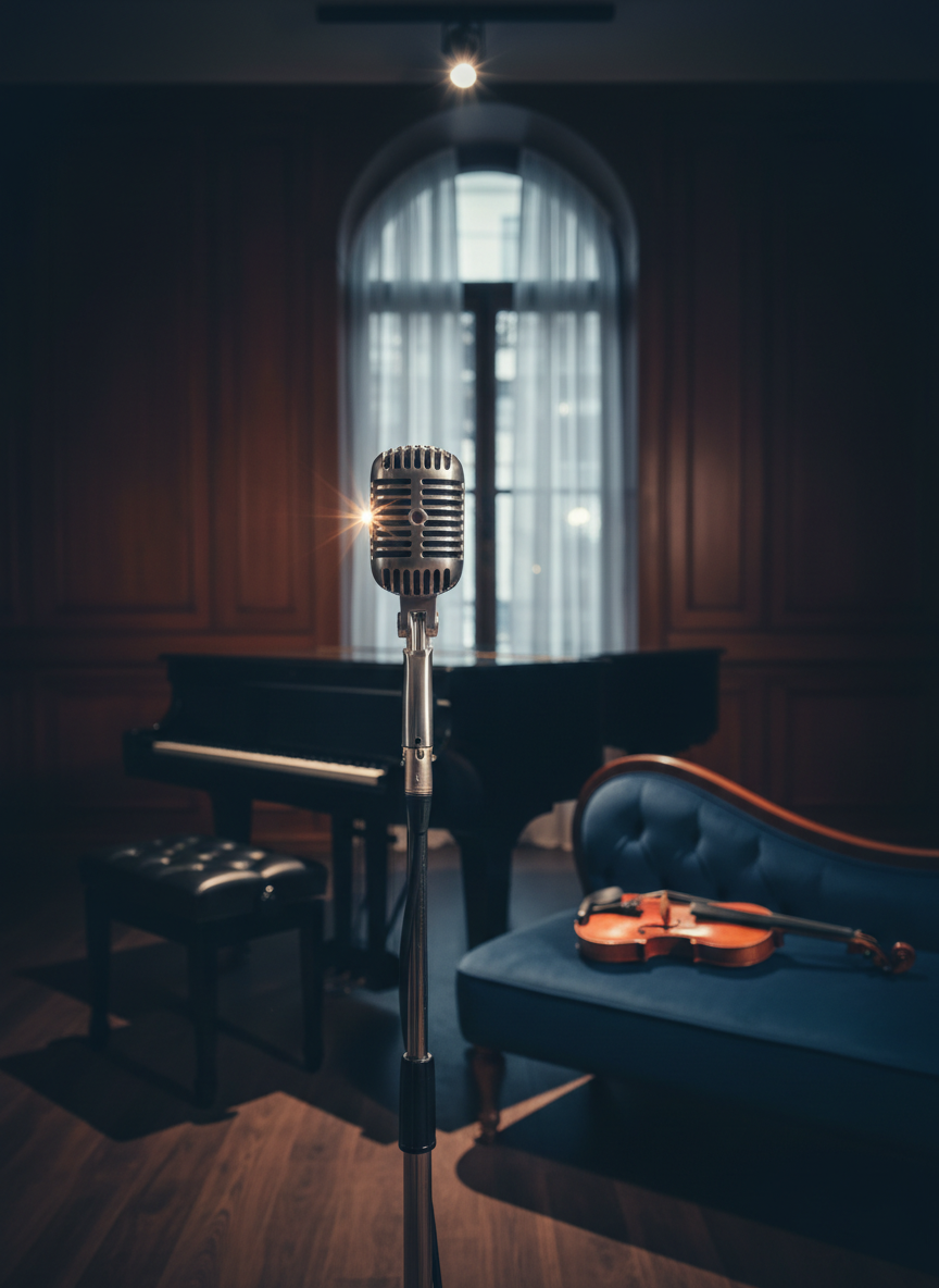 A vintage-style silver studio microphone with fine mesh grille and art deco detailing stands center stage on a slender chrome stand, its metal surface catching points of warm light. Behind it, a glossy black upright piano and a rich mahogany violin lie resting on a plush deep-navy velvet chaise, their varnished wood glowing softly. The setting is a dimly lit, elegant rehearsal room with dark paneled walls and a grand window draped in sheer curtains, city lights faintly visible beyond. A single overhead spotlight creates dramatic, cinematic lighting, casting long, graceful shadows. Photographic realism, composed using the rule of thirds with a shallow depth of field, evokes a poised, sophisticated mood of anticipation before a jazz-classical performance.
