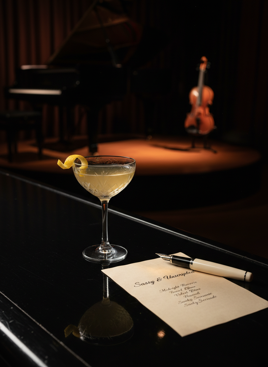 A narrow, glossy black lacquer bar in an upscale jazz lounge holds a single crystal coupe glass with a pale golden drink, a thin curl of lemon peel balanced on the rim. Nearby, an ivory fountain pen rests atop a folded parchment-colored set list titled “Sassy & Unscripted,” with song names in elegant cursive. In the blurred background, a small stage reveals the edge of a grand piano and the arch of a violin on a stand, bathed in soft, amber spotlight. The ambient lighting is low and warm, punctuated by tiny reflections from glass and metal. Photographic realism, shot from a slightly low angle with shallow depth of field, creates a moody, sophisticated atmosphere of late-night jazz storytelling.