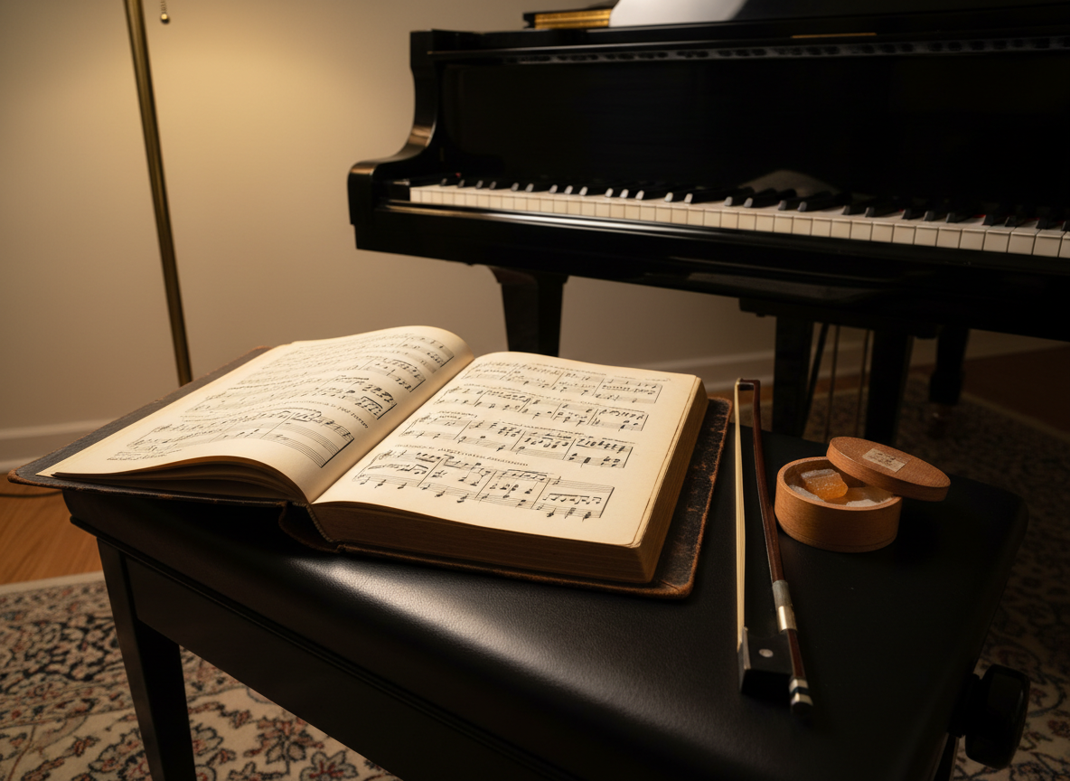 An open leather-bound score of classical sheet music lies across a satin-finished black piano bench, the pages filled with intricate soprano lines and expressive markings. Beside it, a delicately worn rosin box and polished ebony violin bow rest, their materials rich with texture. The bench stands next to a sleek concert grand piano, its keys subtly visible. The room is an intimate practice studio with pale cream walls and a single floor lamp casting warm, diffused light that pools softly over the pages, highlighting the notes while the corners fall into gentle shadow. Photographic realism, captured from a slightly elevated angle with moderate depth of field, creates an atmosphere of focused elegance and disciplined artistry.