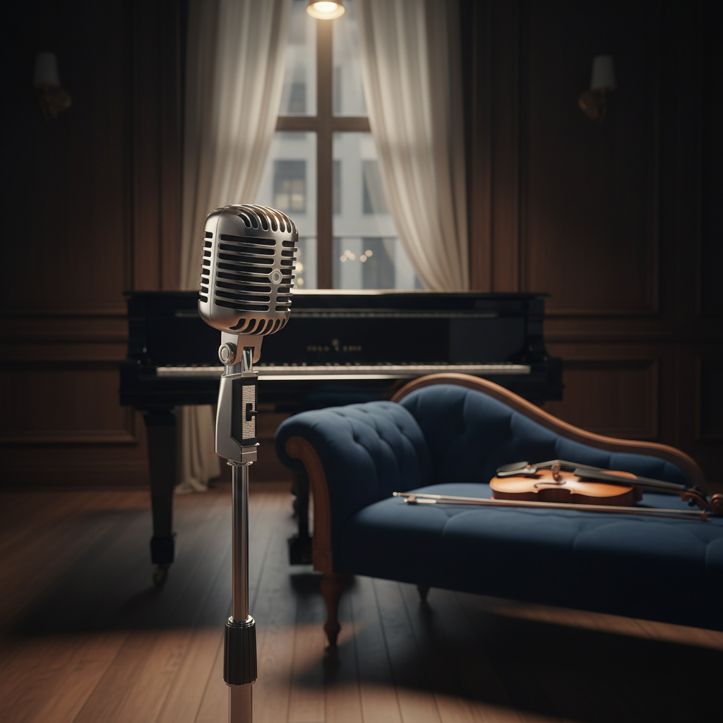 A vintage-style silver studio microphone with fine mesh grille and art deco detailing stands center stage on a slender chrome stand, its metal surface catching points of warm light. Behind it, a glossy black upright piano and a rich mahogany violin lie resting on a plush deep-navy velvet chaise, their varnished wood glowing softly. The setting is a dimly lit, elegant rehearsal room with dark paneled walls and a grand window draped in sheer curtains, city lights faintly visible beyond. A single overhead spotlight creates dramatic, cinematic lighting, casting long, graceful shadows. Photographic realism, composed using the rule of thirds with a shallow depth of field, evokes a poised, sophisticated mood of anticipation before a jazz-classical performance.
