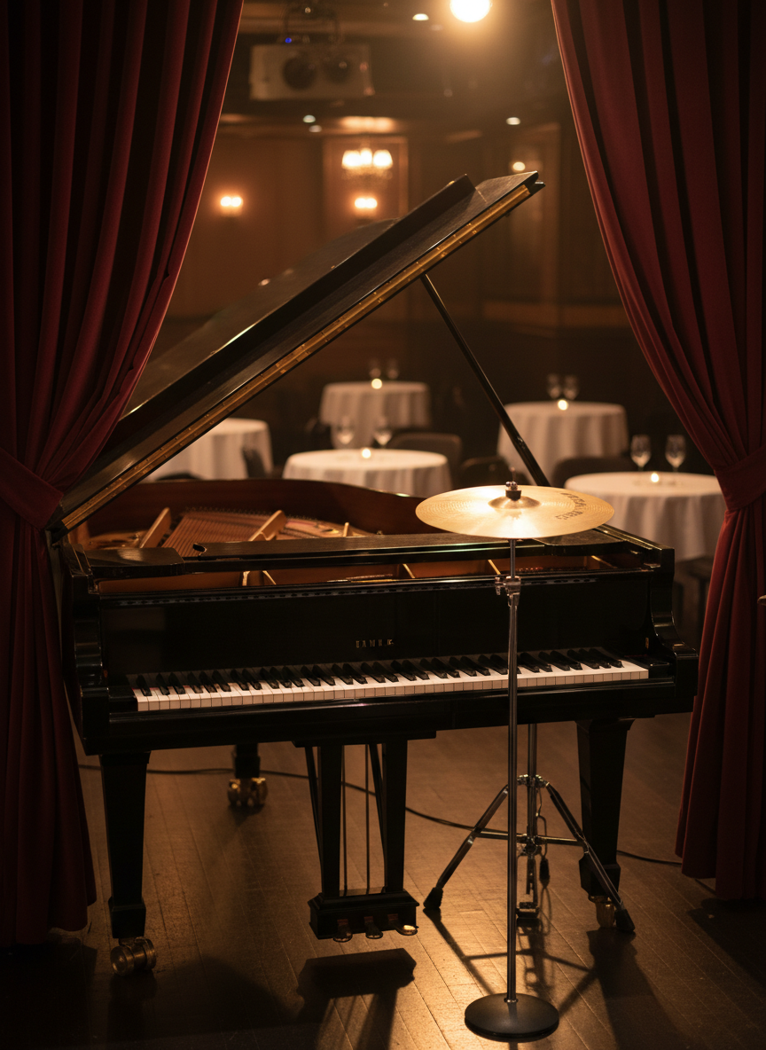 A gleaming black grand piano with its lid elegantly raised, polished surface reflecting the warm sheen of brass cymbals and a chrome microphone stand nearby. The piano rests on a dark, glossy wooden stage framed by heavy, velvety burgundy curtains. Soft golden hour stage lighting washes across the keys, creating delicate highlights on the ivory and subtle shadows between them. In the blurred background, hints of a jazz club interior appear: small round tables with white tablecloths and a few empty crystal glasses catching the light. Photographic realism, shot at eye level with a shallow depth of field, conveys a sophisticated, intimate, and timeless jazz atmosphere.