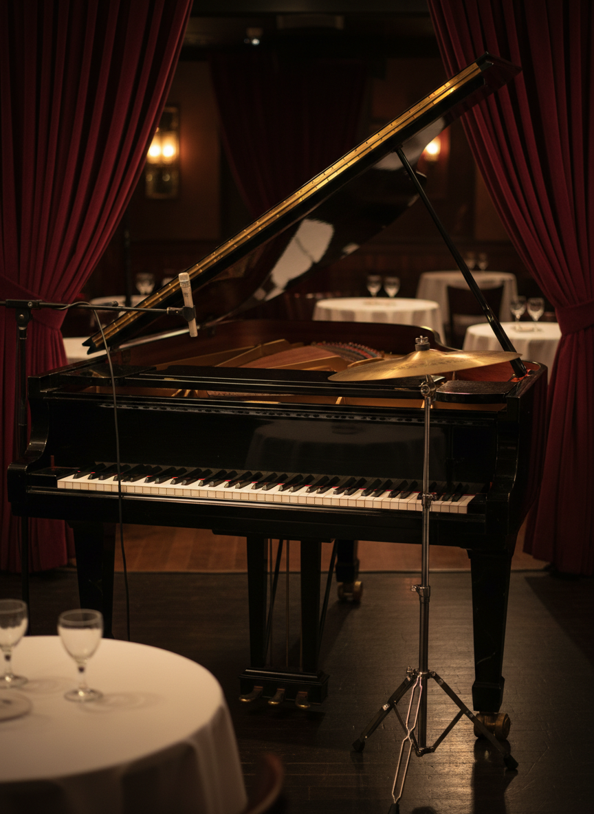 A gleaming black grand piano with its lid elegantly raised, polished surface reflecting the warm sheen of brass cymbals and a chrome microphone stand nearby. The piano rests on a dark, glossy wooden stage framed by heavy, velvety burgundy curtains. Soft golden hour stage lighting washes across the keys, creating delicate highlights on the ivory and subtle shadows between them. In the blurred background, hints of a jazz club interior appear: small round tables with white tablecloths and a few empty crystal glasses catching the light. Photographic realism, shot at eye level with a shallow depth of field, conveys a sophisticated, intimate, and timeless jazz atmosphere.